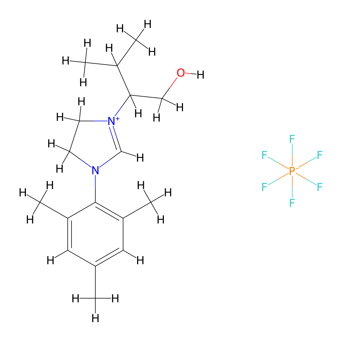 3-Methyl-2-[3-(2,4,6-trimethylphenyl)-4,5-dihydroimidazol-1-ium-1-yl]butan-1-ol hexafluorophosphate molecular structure, CAS 2417298-61-2