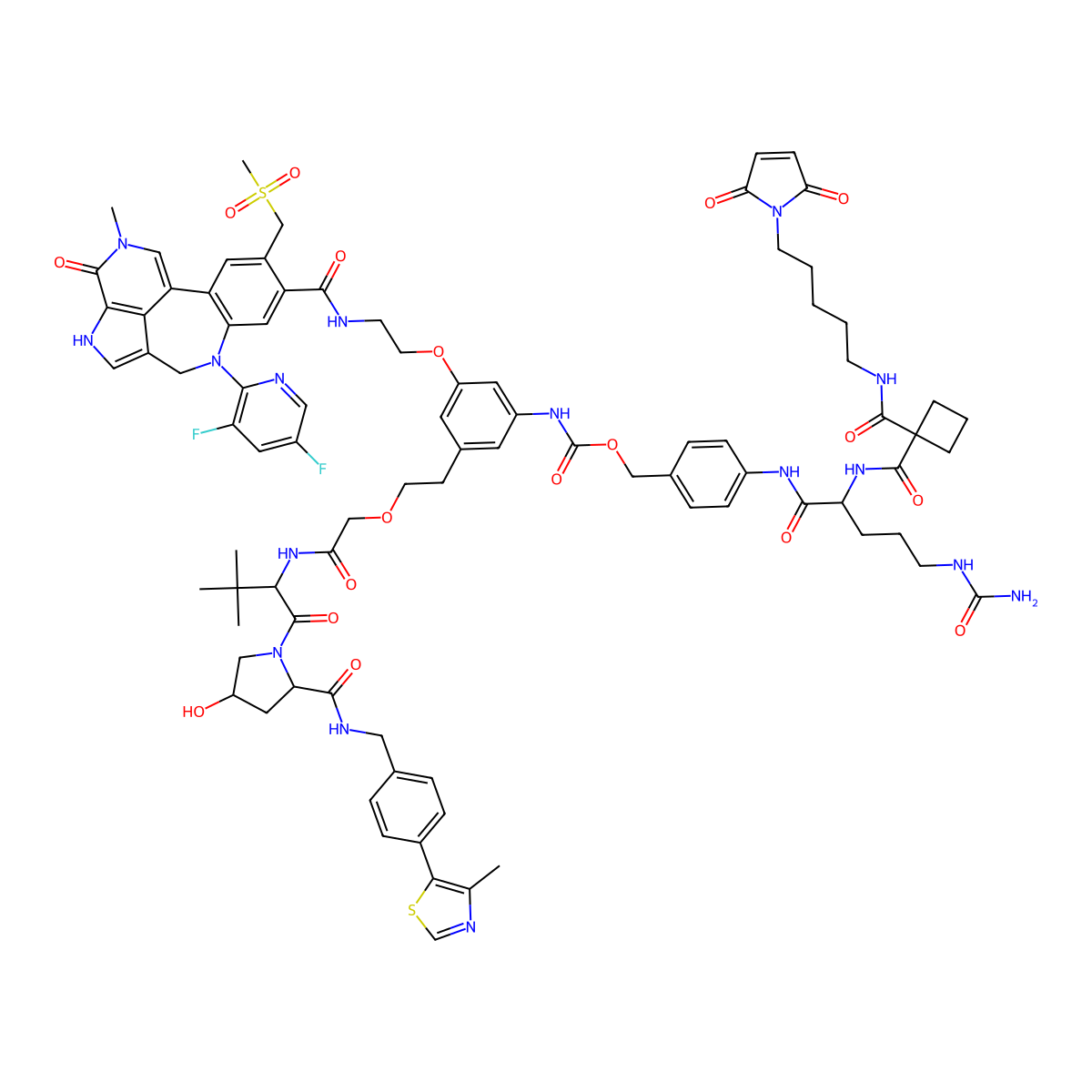 [4-[[(2S)-5-(carbamoylamino)-2-[[1-[5-(2,5-dioxopyrrol-1-yl)pentylcarbamoyl]cyclobutanecarbonyl]amino]pentanoyl]amino]phenyl]methyl N-[3-[2-[[8-(3,5-difluoro-2-pyridinyl)-15-methyl-4-(methylsulfonylmethyl)-14-oxo-8,12,15-triazatetracyclo[8.6.1.02,7.013,17]heptadeca-1(16),2(7),3,5,10,13(17)-hexaene-5-carbonyl]amino]ethoxy]-5-[2-[2-[[(2S)-1-[(2S,4R)-4-hydroxy-2-[[4-(4-methyl-1,3-thiazol-5-yl)phenyl]methylcarbamoyl]pyrrolidin-1-yl]-3,3-dimethyl-1-oxobutan-2-yl]amino]-2-oxoethoxy]ethyl]phenyl]carbamate molecular structure, CAS 2417370-68-2
