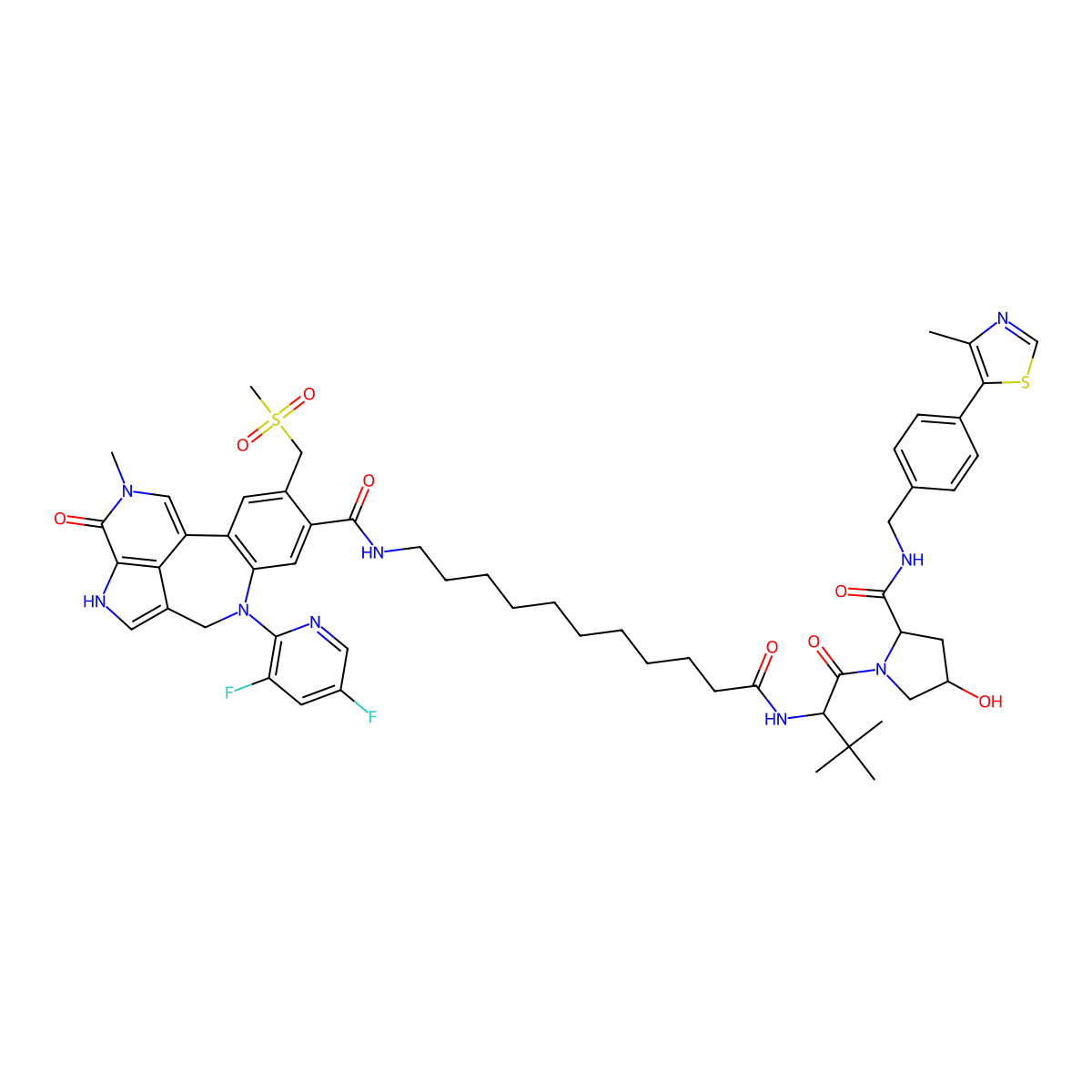 N-[11-({7-(3,5-difluoropyridin-2-yl)-2-methyl-10-[(methylsulfonyl)methyl]-3-oxo-3,4,6,7-tetrahydro-2H-2,4,7-triazadibenzo[cd,f]azulene-9-carbonyl}amino)undecanoyl]-3-methyl-L-valyl-(4R)-4-hydroxy-N-{[4-(4-methyl-1,3-thiazol-5-yl)phenyl]methyl}-L-prolinamide molecular structure, CAS 2417371-71-0