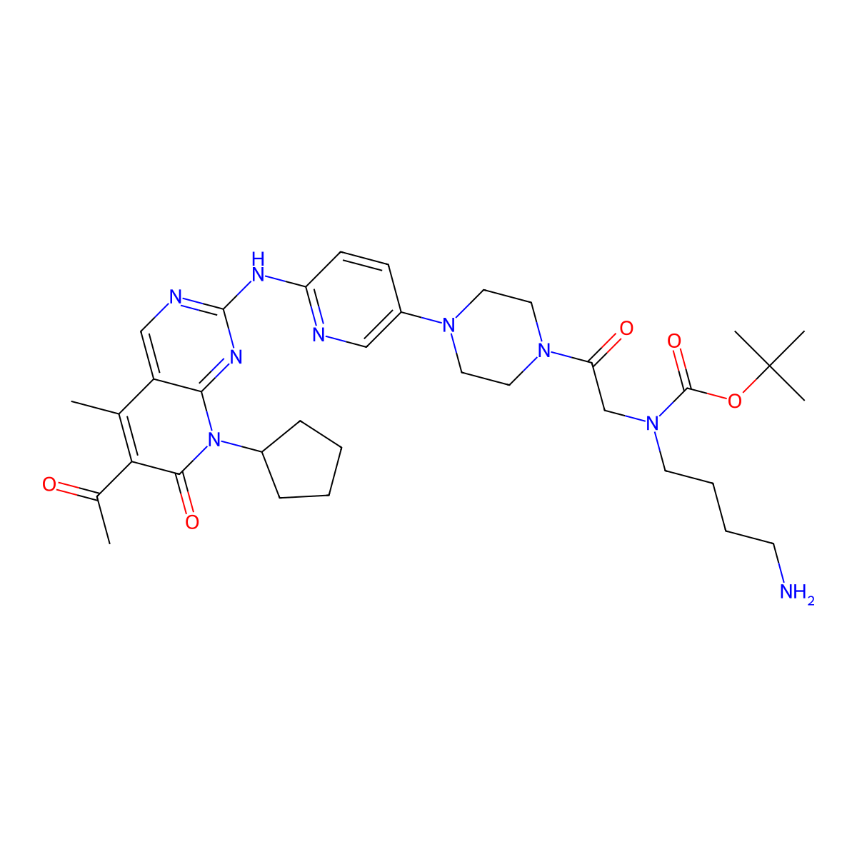 Tert-butyl (2-(4-(6-((6-acetyl-8-cyclopentyl-5-methyl-7-oxo-7,8-dihydropyrido[2,3-d]pyrimidin-2-yl)amino)pyridin-3-yl)piperazin-1-yl)-2-oxoethyl)(4-aminobutyl)carbamate molecular structure, CAS 2417408-90-1
