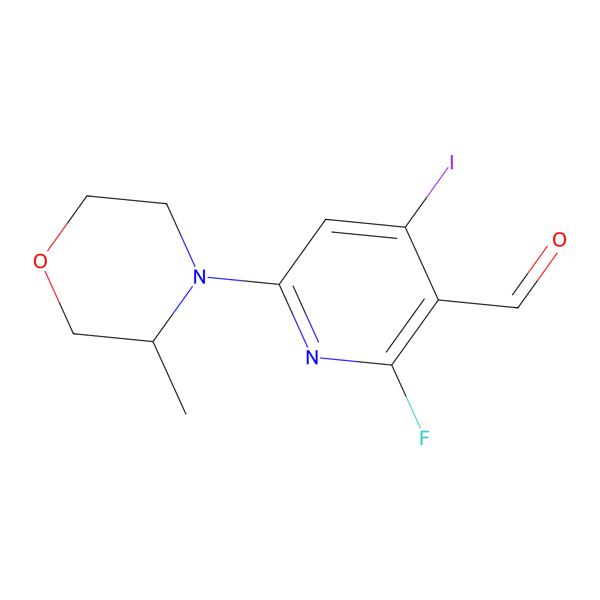 2-Fluoro-4-iodo-6-[(3R)-3-methyl-4-morpholinyl]-3-pyridinecarboxaldehyde molecular structure, CAS 2417490-14-1