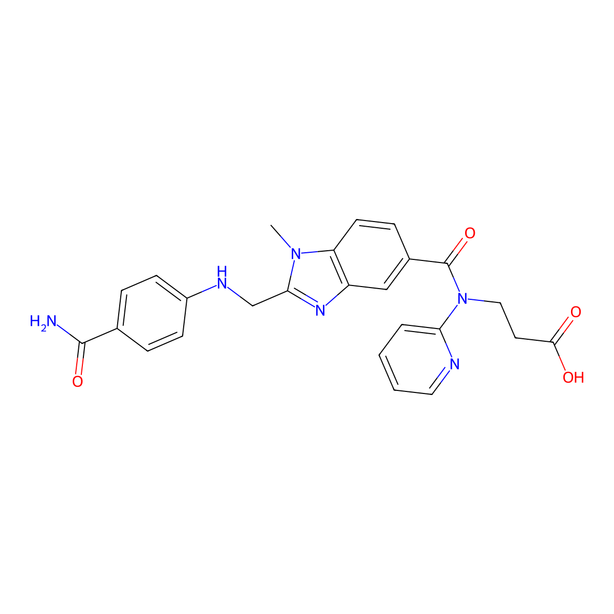 3-(2-(((4-Carbamoylphenyl)amino)methyl)-1-methyl-N-(pyridin-2-yl)-1H-benzo[d]imidazole-5-carboxamido)propanoic acid (Dabigatran Impurity) molecular structure, CAS 2417628-79-4