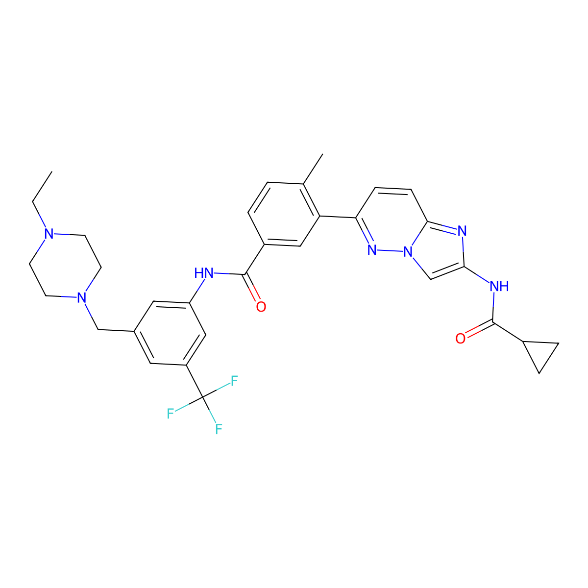 3-(2-(Cyclopropanecarboxamido)imidazo[1,2-b]pyridazin-6-yl)-N-(3-((4-ethylpiperazin-1-yl)methyl)-5-(trifluoromethyl)phenyl)-4-methylbenzamide molecular structure, CAS 2417685-83-5
