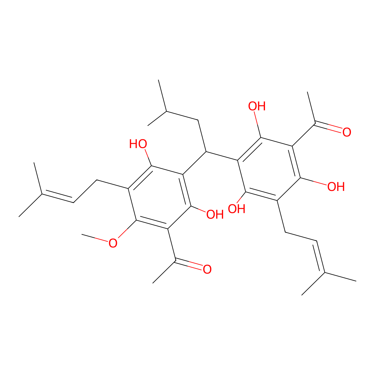 1-(3-(1-(3-Acetyl-2,6-dihydroxy-4-methoxy-5-(3-methyl-2-buten-1-yl)phenyl)-3-methylbutyl)-2,4,6-trihydroxy-5-(3-methyl-2-buten-1-yl)phenyl)ethanone molecular structure, CAS 24177-16-0