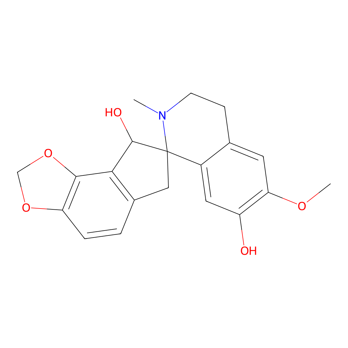 Spiro[7H-indeno[4,5-d]-1,3-dioxole-7,1'(2'H)-isoquinoline]-7',8-diol, 3',4',6,8-tetrahydro-6'-methoxy-2'-methyl-, (7S-trans)- molecular structure, CAS 24181-78-0