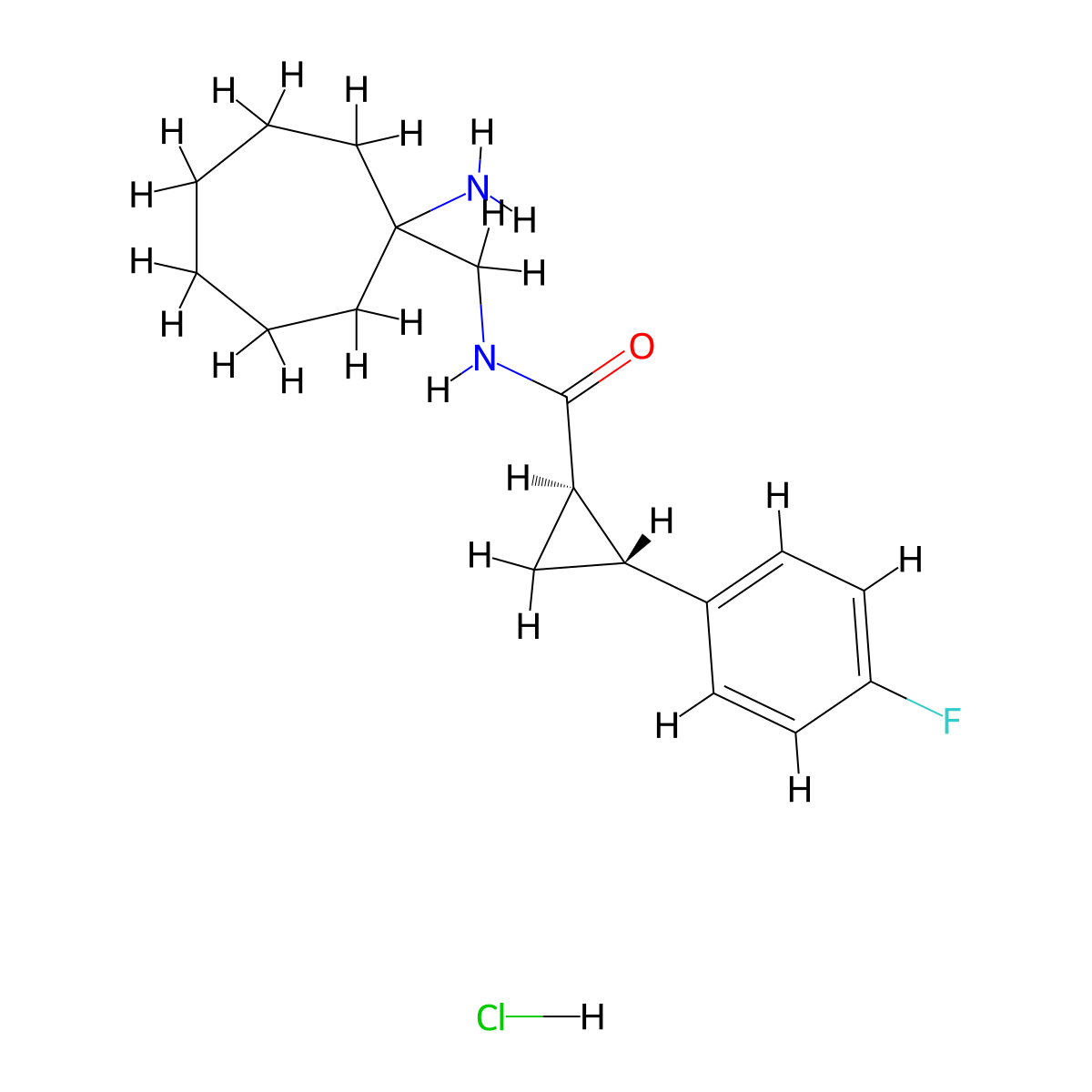 rac-(1R,2R)-N-[(1-aminocycloheptyl)methyl]-2-(4-fluorophenyl)cyclopropane-1-carboxamide hydrochloride, trans molecular structure, CAS 2418594-90-6