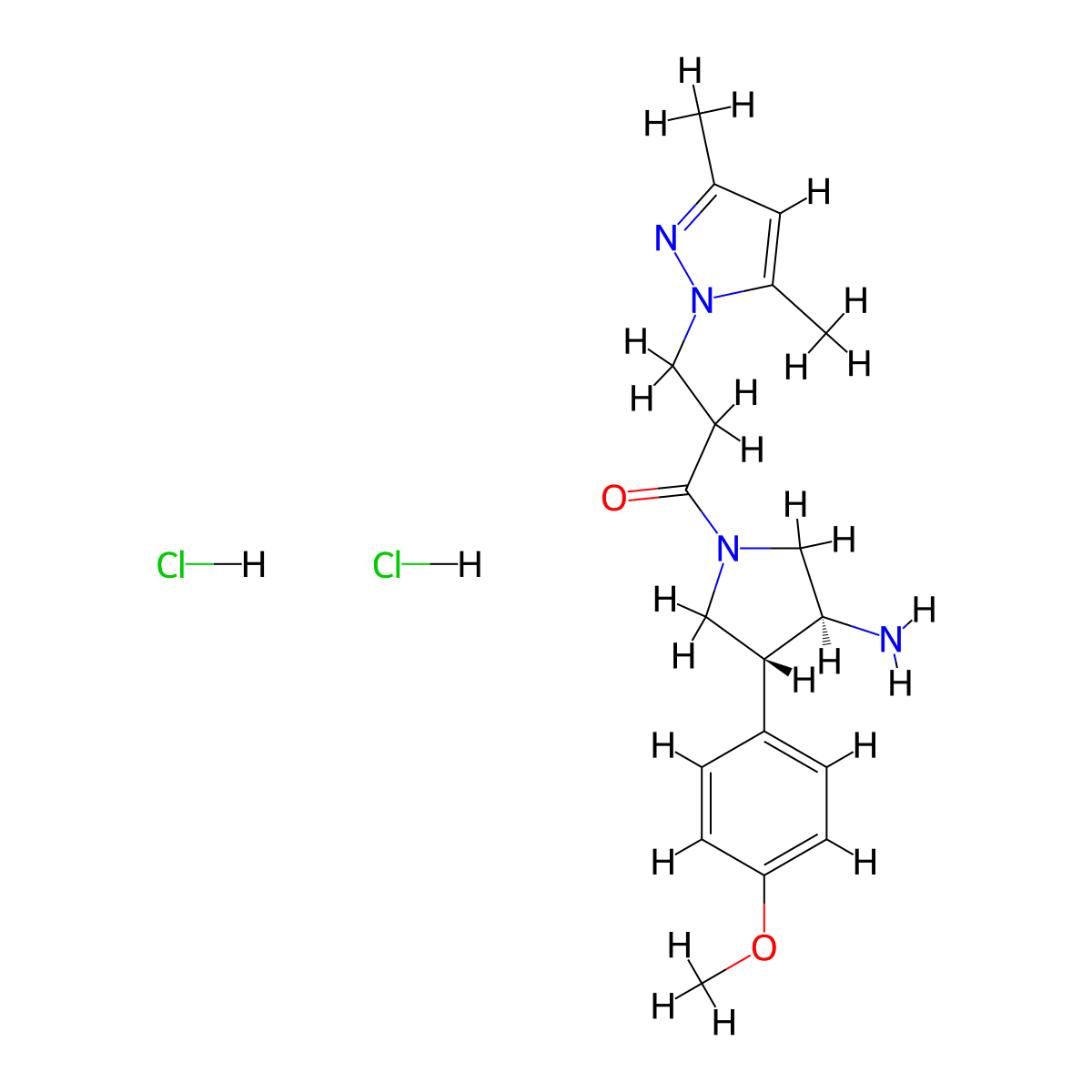 rac-1-[(3R,4S)-3-amino-4-(4-methoxyphenyl)pyrrolidin-1-yl]-3-(3,5-dimethyl-1H-pyrazol-1-yl)propan-1-one dihydrochloride, trans molecular structure, CAS 2418595-12-5