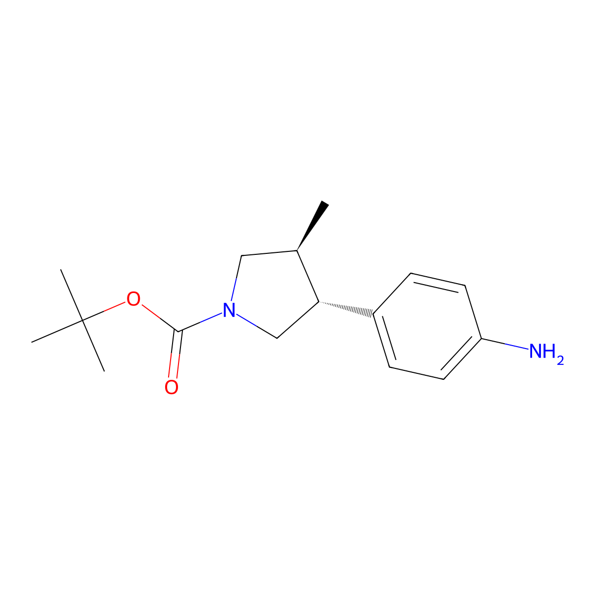 rac-tert-butyl(3R,4S)-3-(4-aminophenyl)-4-methylpyrrolidine-1-carboxylate,trans molecular structure, CAS 2418596-11-7