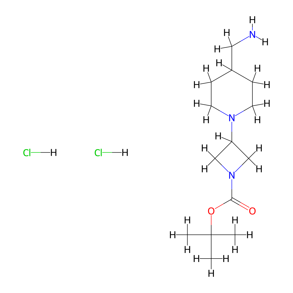 Tert-butyl 3-(4-(aminomethyl)piperidin-1-yl)azetidine-1-carboxylate dihydrochloride molecular structure, CAS 2418642-68-7
