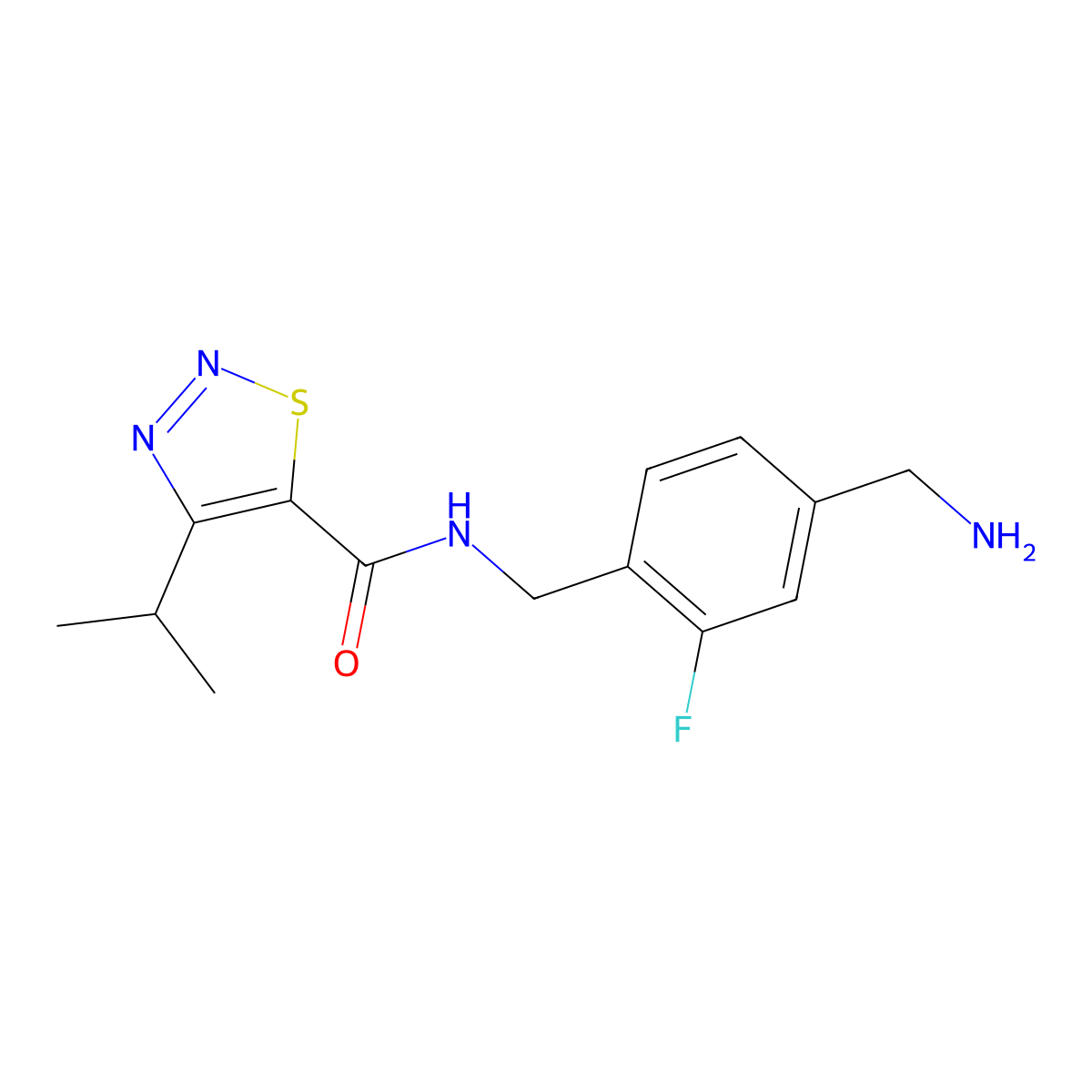 N-{[4-(aminomethyl)-2-fluorophenyl]methyl}-4-(propan-2-yl)-1,2,3-thiadiazole-5-carboxamide molecular structure, CAS 2418660-07-6
