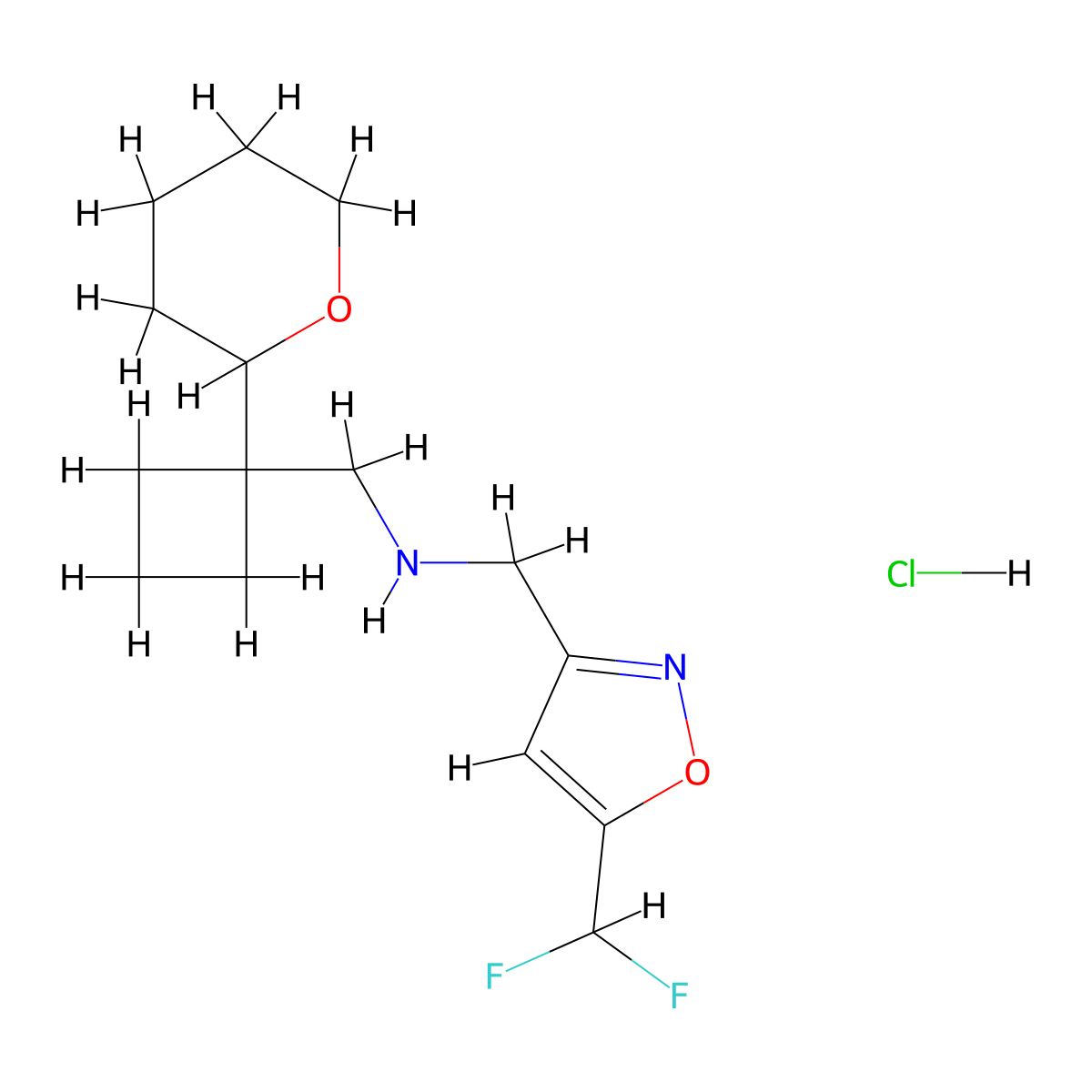 {[5-(Difluoromethyl)-1,2-oxazol-3-yl]methyl}({[1-(oxan-2-yl)cyclobutyl]methyl})aminehydrochloride molecular structure, CAS 2418661-27-3
