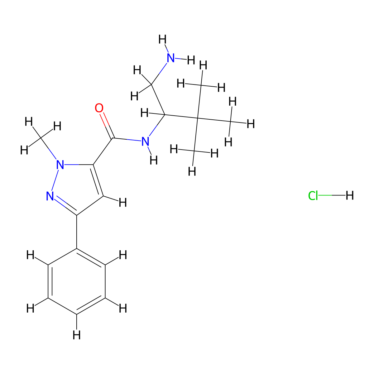 N-(1-Amino-3,3-dimethylbutan-2-yl)-2-methyl-5-phenylpyrazole-3-carboxamide;hydrochloride molecular structure, CAS 2418667-38-4