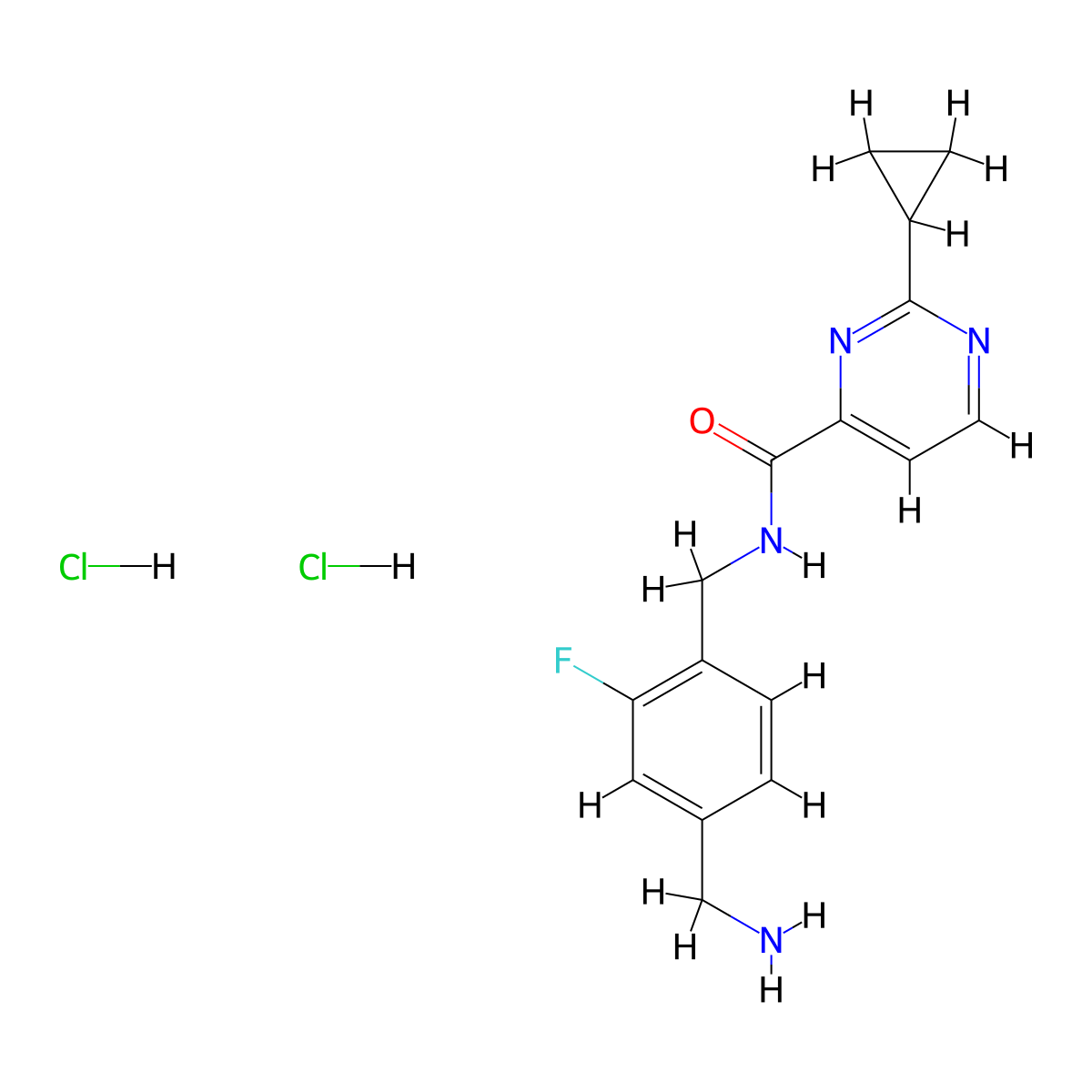 N-{[4-(aminomethyl)-2-fluorophenyl]methyl}-2-cyclopropylpyrimidine-4-carboxamide dihydrochloride molecular structure, CAS 2418676-90-9