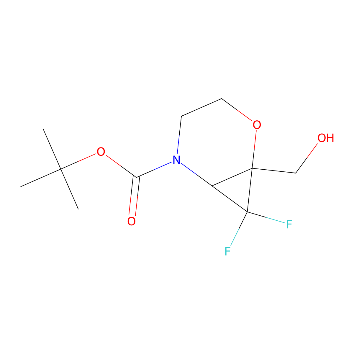 Tert-butyl 7,7-difluoro-1-(hydroxymethyl)-2-oxa-5-azabicyclo[4.1.0]heptane-5-carboxylate molecular structure, CAS 2418695-69-7