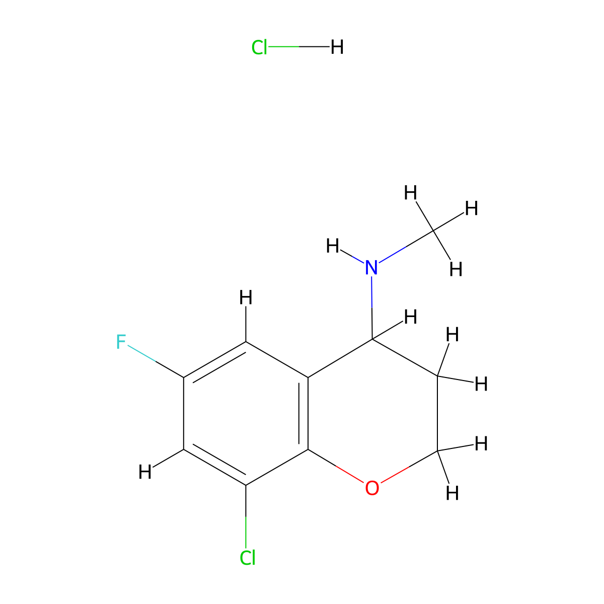 8-chloro-6-fluoro-N-methyl-3,4-dihydro-2H-1-benzopyran-4-amine hydrochloride molecular structure, CAS 2418708-52-6