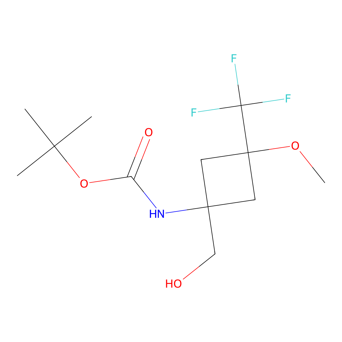 Tert-butyl N-[1-(hydroxymethyl)-3-methoxy-3-(trifluoromethyl)cyclobutyl]carbamate molecular structure, CAS 2418708-83-3