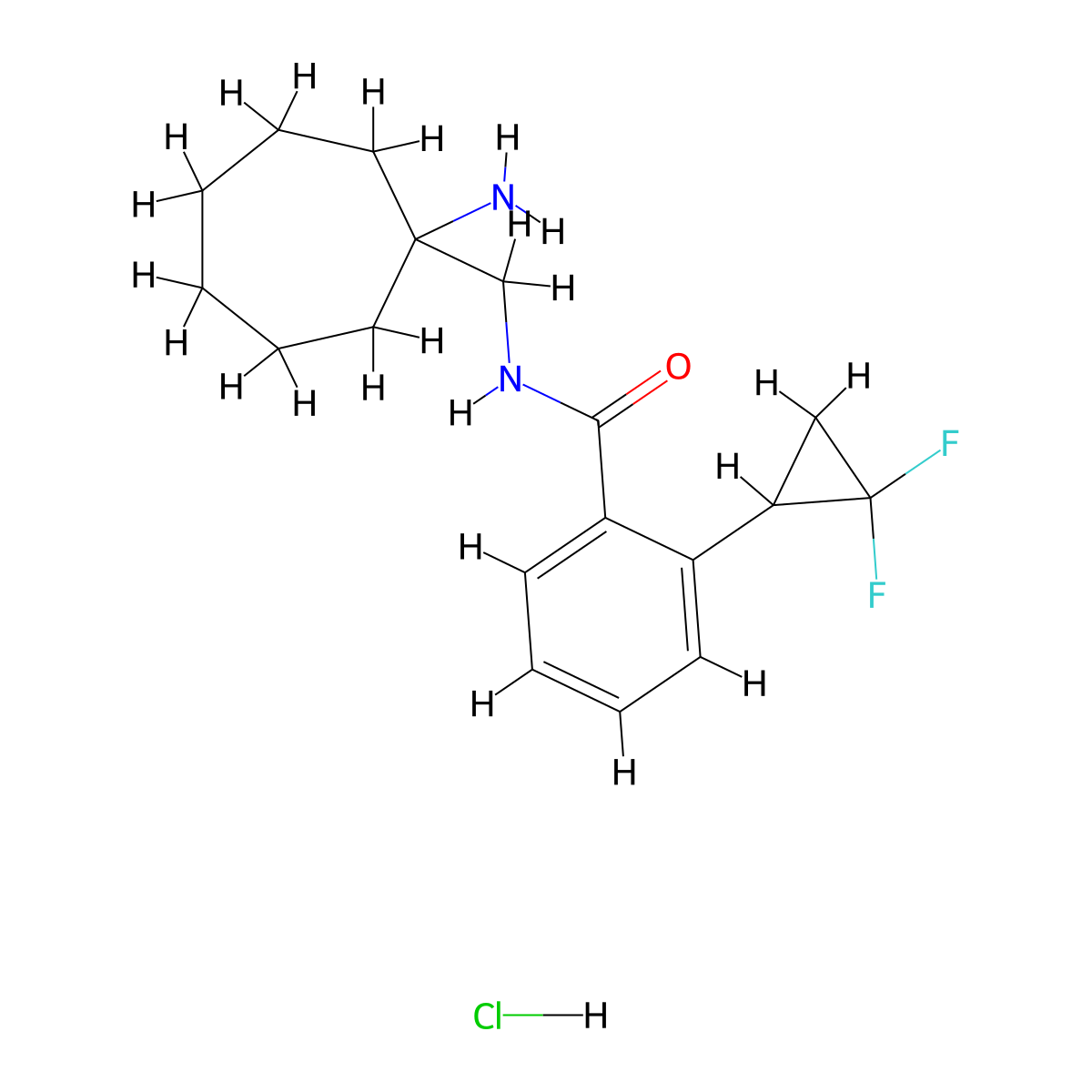 N-[(1-aminocycloheptyl)methyl]-2-(2,2-difluorocyclopropyl)benzamide hydrochloride molecular structure, CAS 2418713-36-5