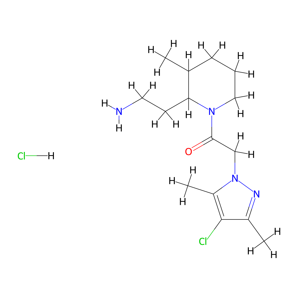 1-[2-(2-aminoethyl)-3-methylpiperidin-1-yl]-2-(4-chloro-3,5-dimethyl-1H-pyrazol-1-yl)ethan-1-one hydrochloride molecular structure, CAS 2418718-33-7