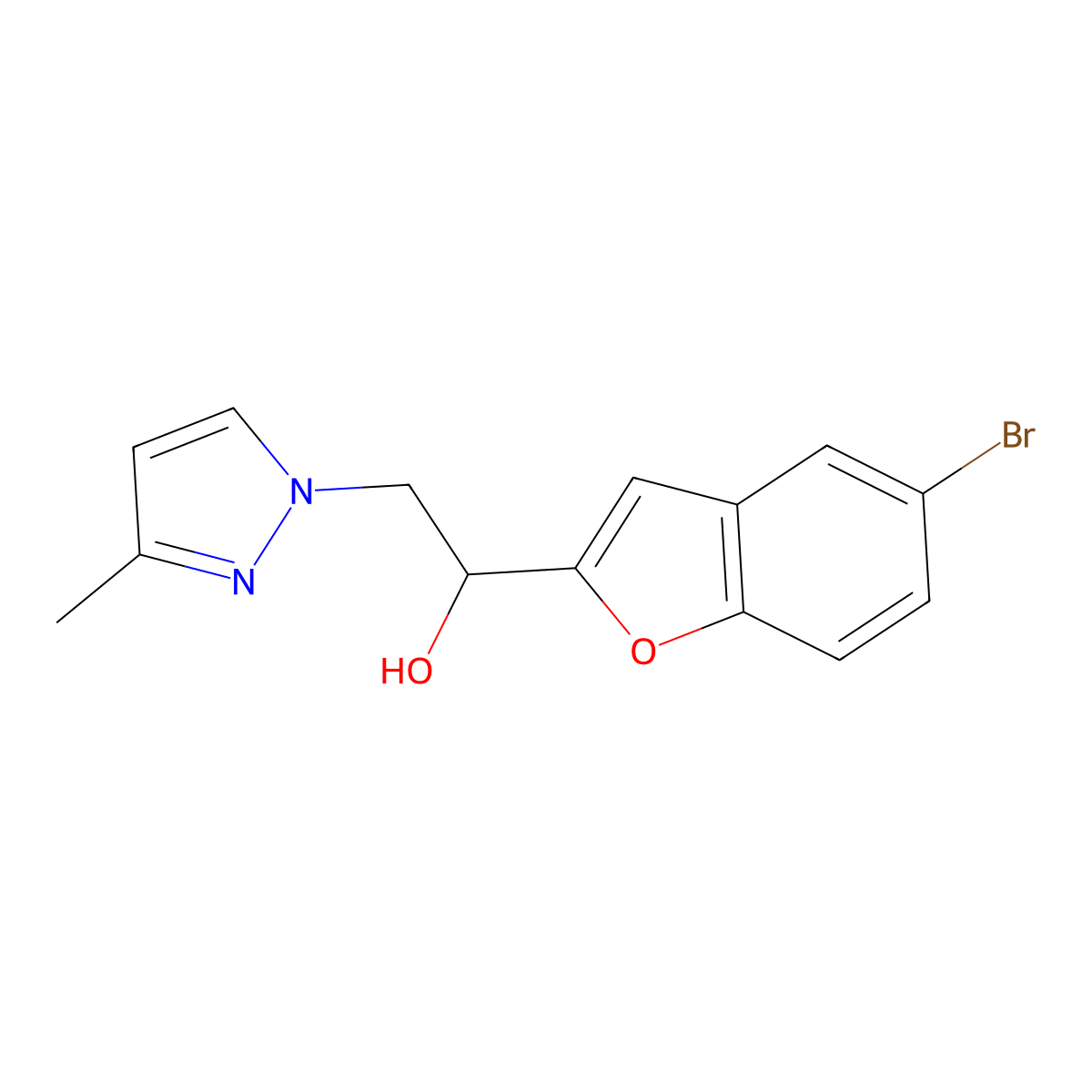 1-(5-bromo-1-benzofuran-2-yl)-2-(3-methyl-1H-pyrazol-1-yl)ethan-1-ol molecular structure, CAS 2418730-72-8