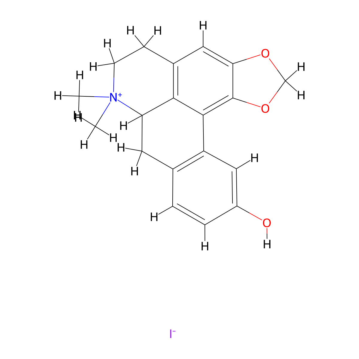11-Hydroxy-7,7-dimethyl-6,7,7a,8-tetrahydro-5H-[1,3]dioxolo[4',5':4,5]benzo[1,2,3-de]benzo[g]quinolin-7-ium iodide molecular structure, CAS 24204-18-0