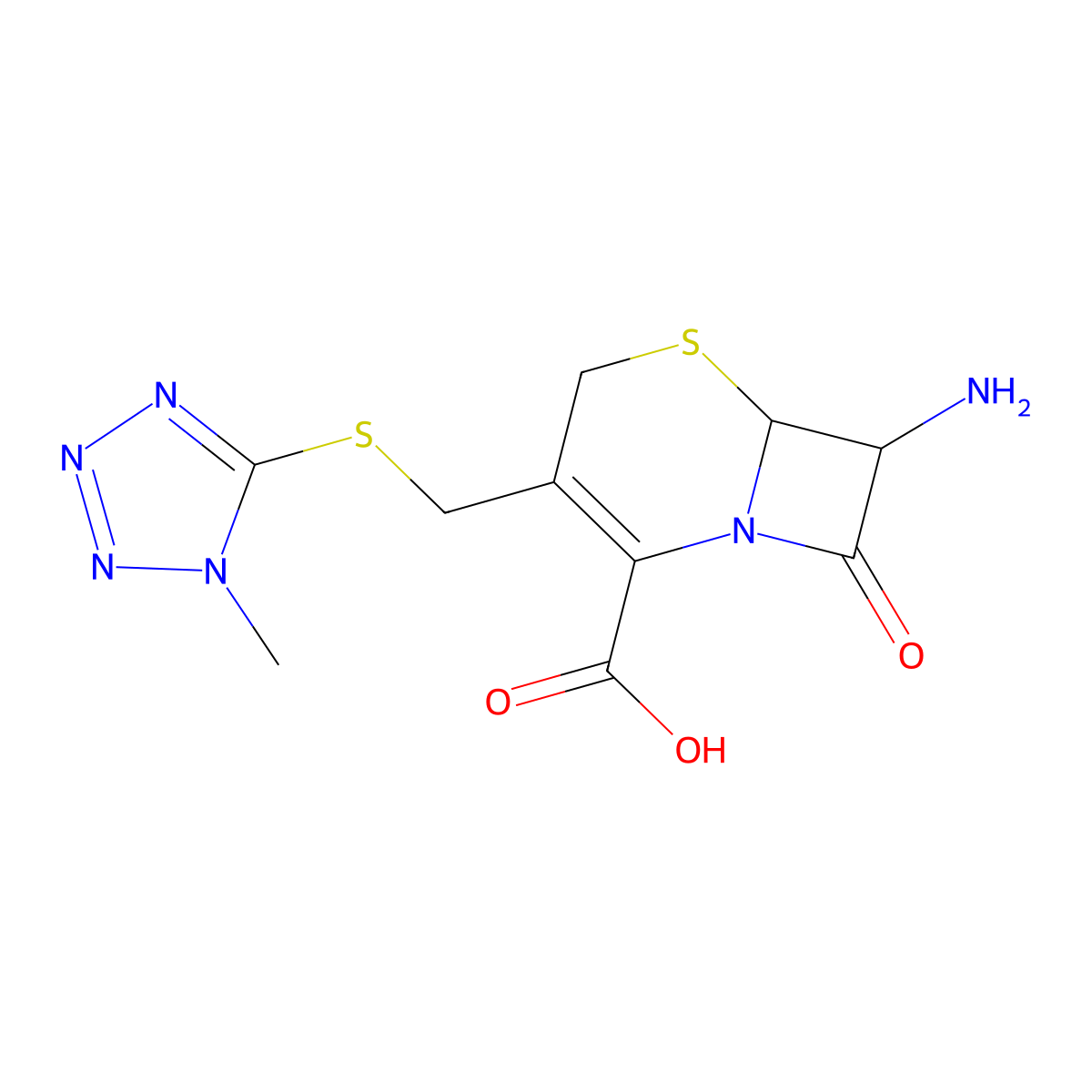 (6R,7R)-7-Amino-3-(((1-methyl-1H-tetrazol-5-yl)thio)methyl)-8-oxo-5-thia-1-azabicyclo(4.2.0)oct-2-ene-2-carboxylic acid molecular structure, CAS 24209-38-9