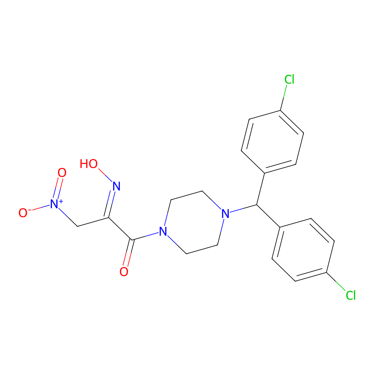 (E)-1-(4-(bis(4-chlorophenyl)methyl)piperazin-1-yl)-2-(hydroxyimino)-3-nitropropan-1-one molecular structure, CAS 2421119-60-8