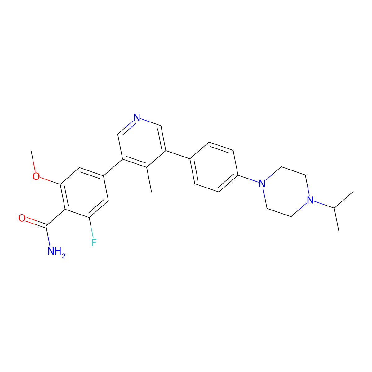2-Fluoro-6-methoxy-4-[4-methyl-5-[4-(4-propan-2-ylpiperazin-1-yl)phenyl]-3-pyridinyl]benzamide molecular structure, CAS 2421141-51-5