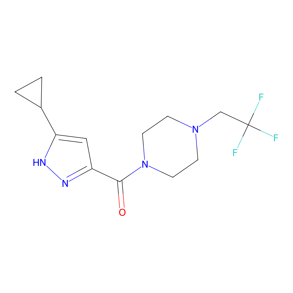 1-(3-cyclopropyl-1H-pyrazole-5-carbonyl)-4-(2,2,2-trifluoroethyl)piperazine molecular structure, CAS 2421452-11-9
