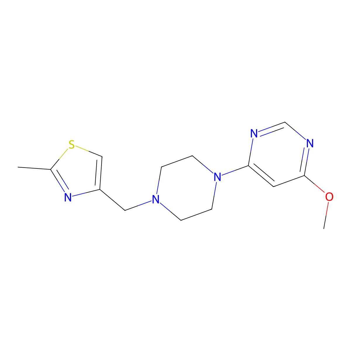 4-Methoxy-6-{4-[(2-methyl-1,3-thiazol-4-yl)methyl]piperazin-1-yl}pyrimidine molecular structure, CAS 2422368-45-2