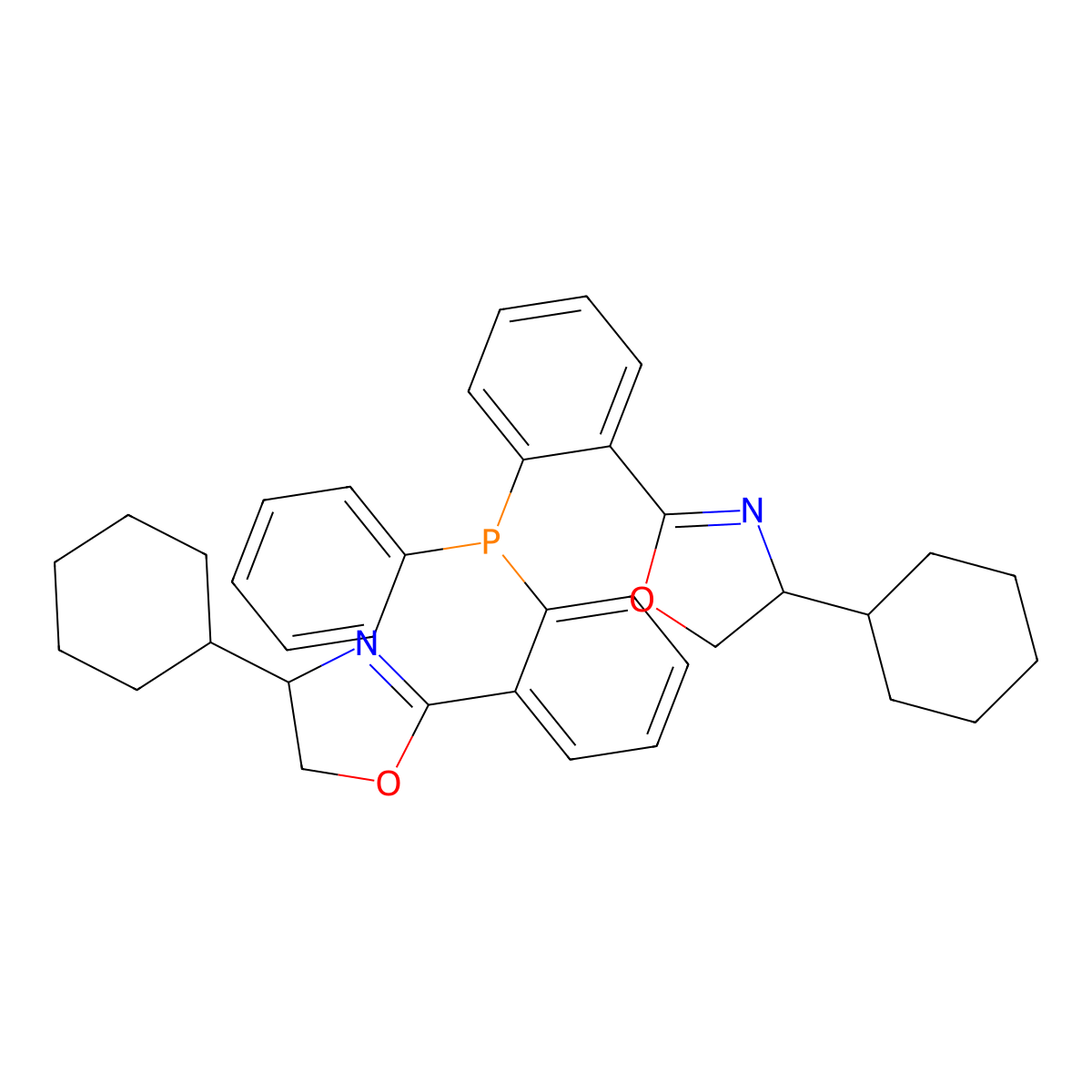 (4S,4'S)-2,2'-((Phenylphosphanediyl)bis(2,1-phenylene))bis(4-cyclohexyl-4,5-dihydrooxazole) molecular structure, CAS 2422893-01-2
