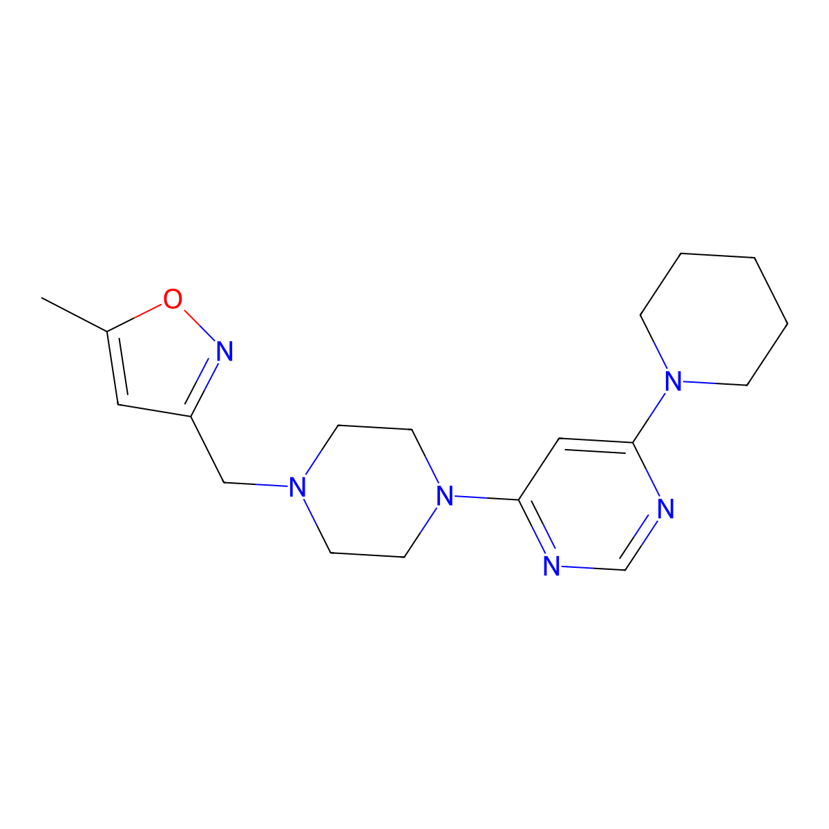4-{4-[(5-Methyl-1,2-oxazol-3-yl)methyl]piperazin-1-yl}-6-(piperidin-1-yl)pyrimidine molecular structure, CAS 2423028-04-8