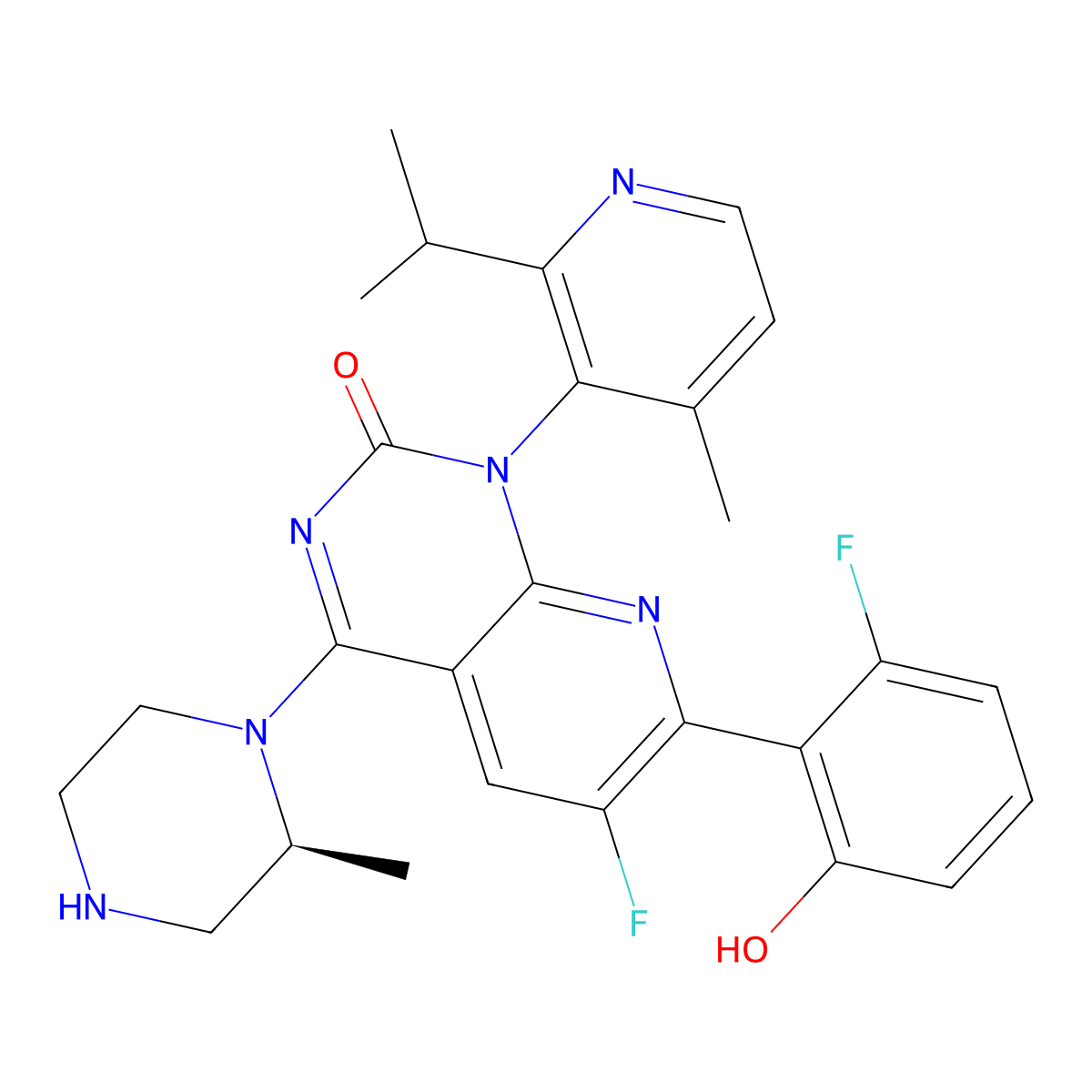 (1R)-6-Fluoro-7-(2-fluoro-6-hydroxyphenyl)-1-(2-isopropyl-4-methylpyridin-3-yl)-4-((S)-2-methylpiperazin-1-yl)pyrido[2,3-d]pyrimidin-2(1H)-one molecular structure, CAS 2423110-39-6
