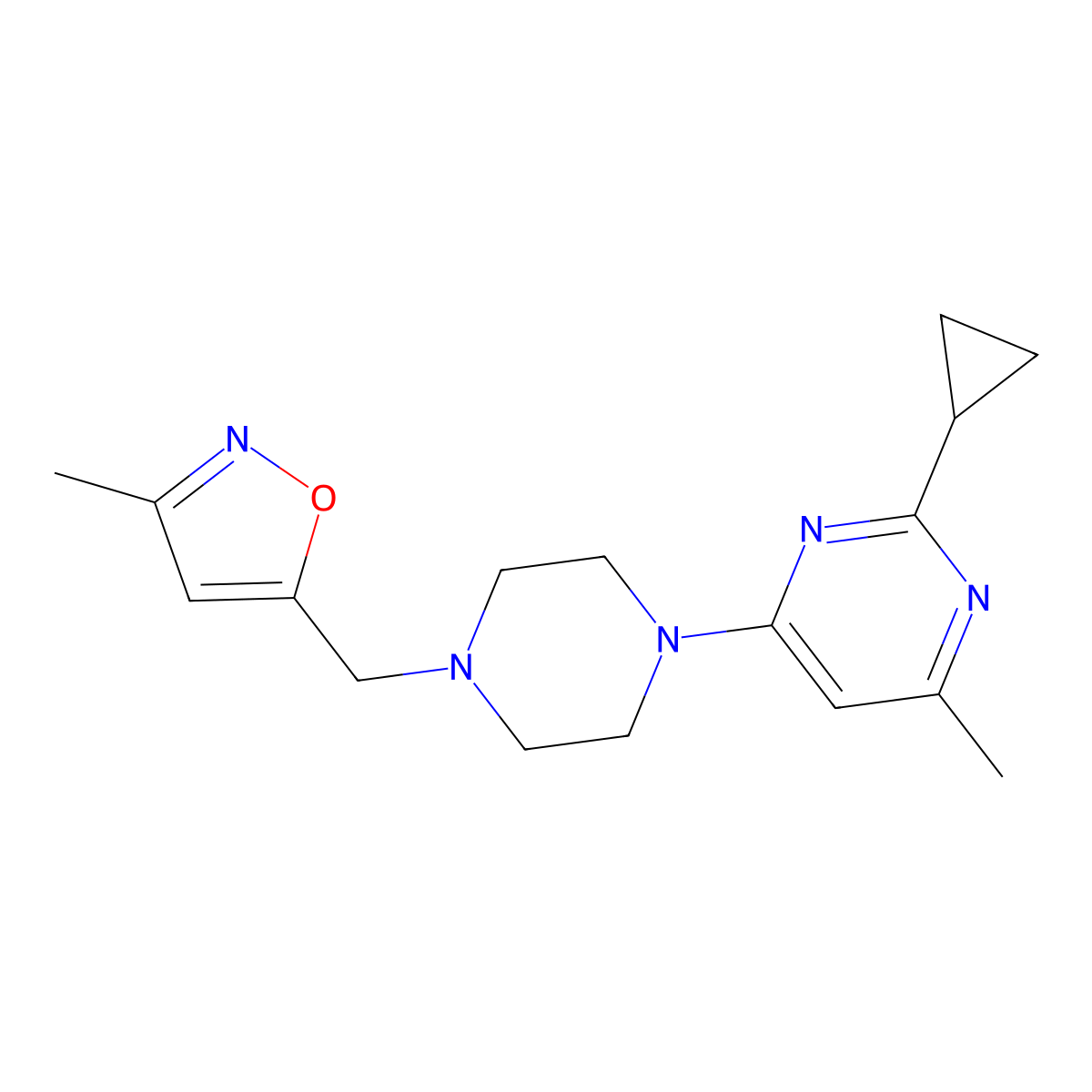 2-Cyclopropyl-4-methyl-6-{4-[(3-methyl-1,2-oxazol-5-yl)methyl]piperazin-1-yl}pyrimidine molecular structure, CAS 2423334-13-6