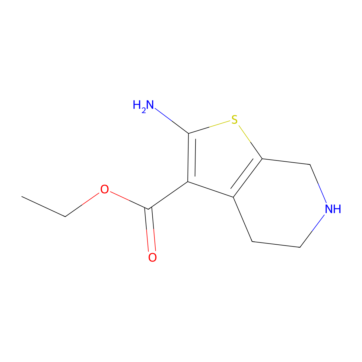 Thieno(2,3-c)pyridine-3-carboxylic acid, 4,5,6,7-tetrahydro-2-amino-, ethyl ester, molecular structure, CAS 24237-44-3