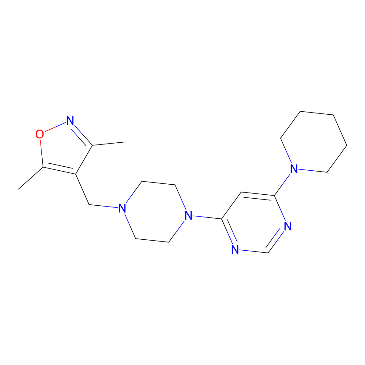 4-{4-[(3,5-Dimethyl-1,2-oxazol-4-yl)methyl]piperazin-1-yl}-6-(piperidin-1-yl)pyrimidine molecular structure, CAS 2423964-95-6