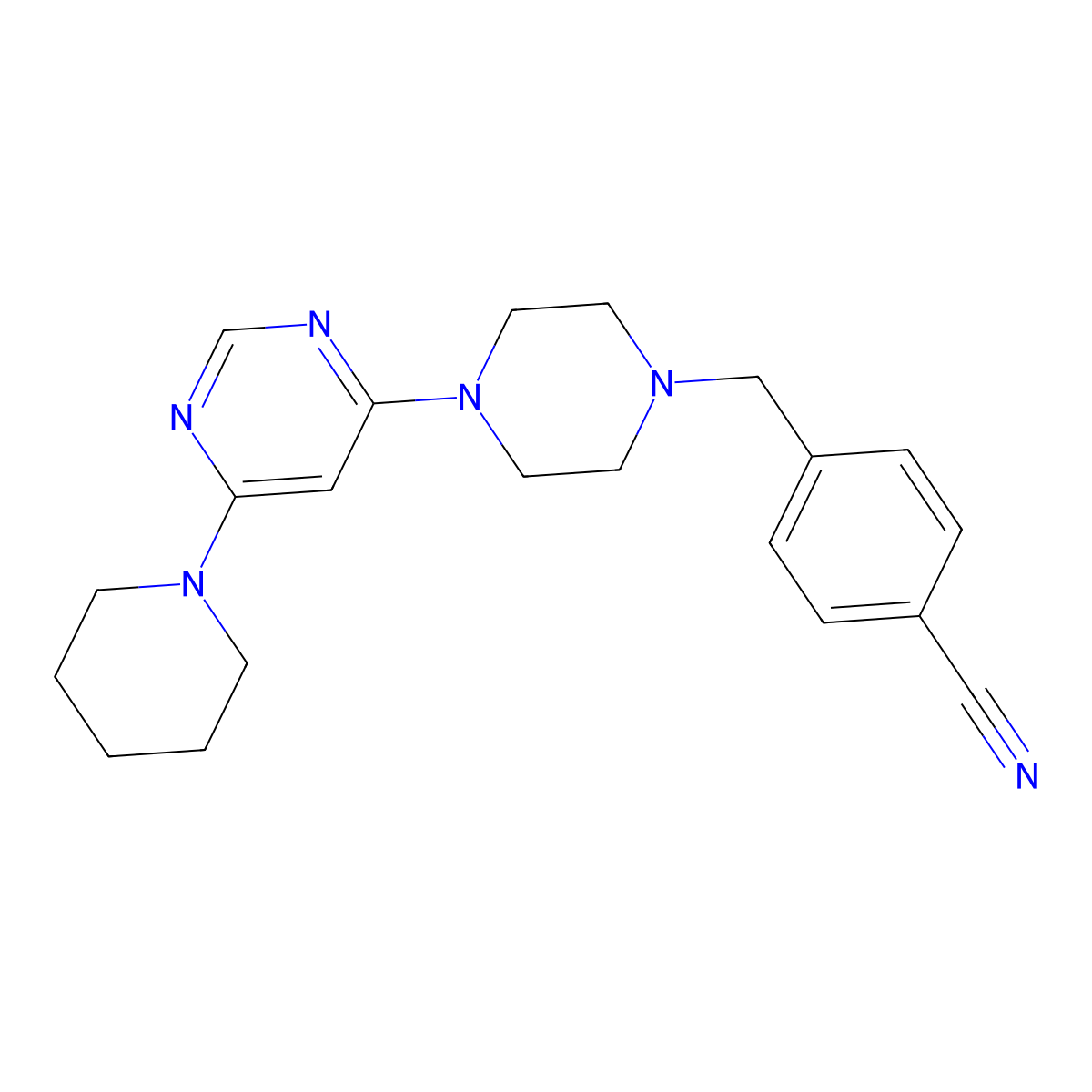 4-({4-[6-(Piperidin-1-yl)pyrimidin-4-yl]piperazin-1-yl}methyl)benzonitrile molecular structure, CAS 2424273-74-3