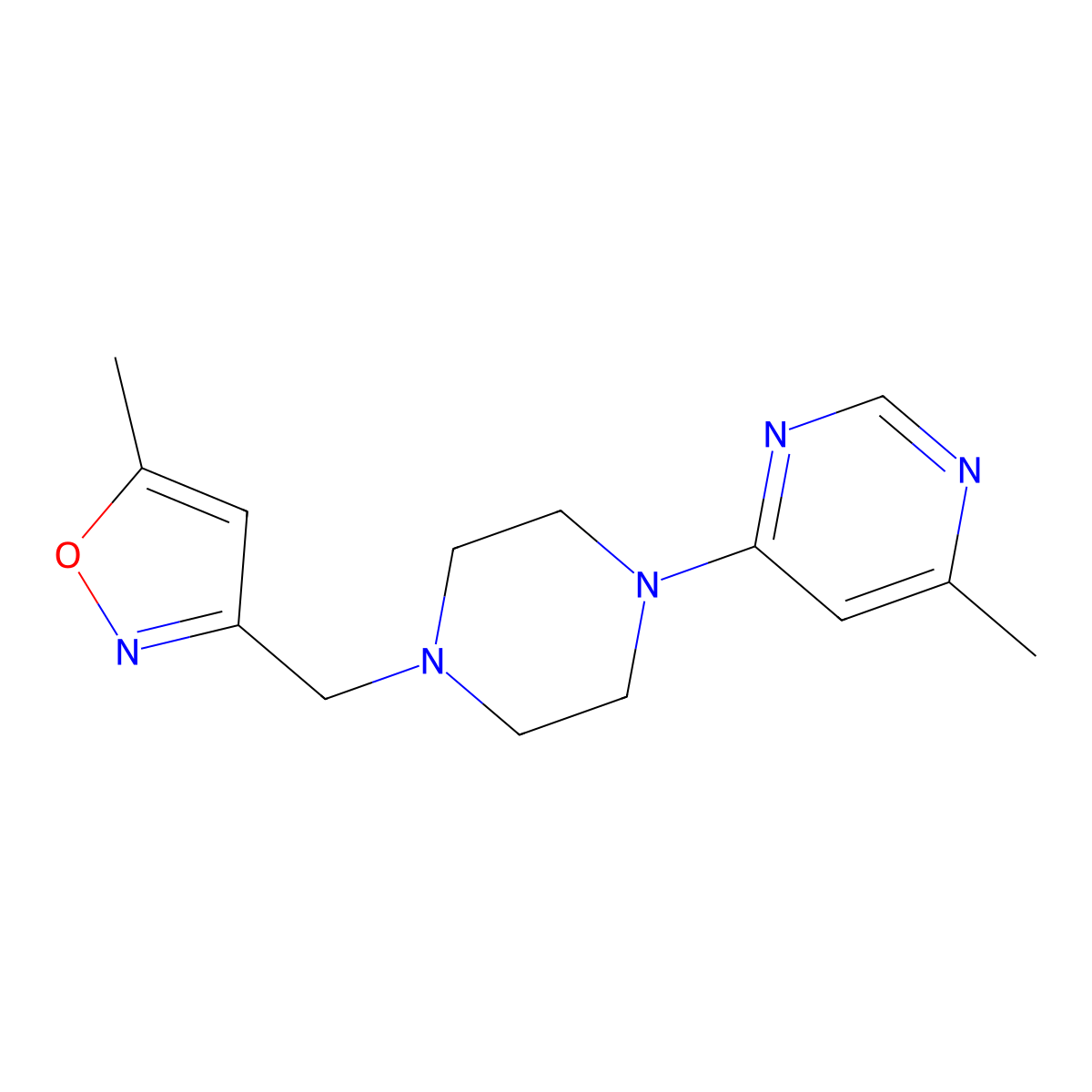 4-Methyl-6-{4-[(5-methyl-1,2-oxazol-3-yl)methyl]piperazin-1-yl}pyrimidine molecular structure, CAS 2424681-24-1