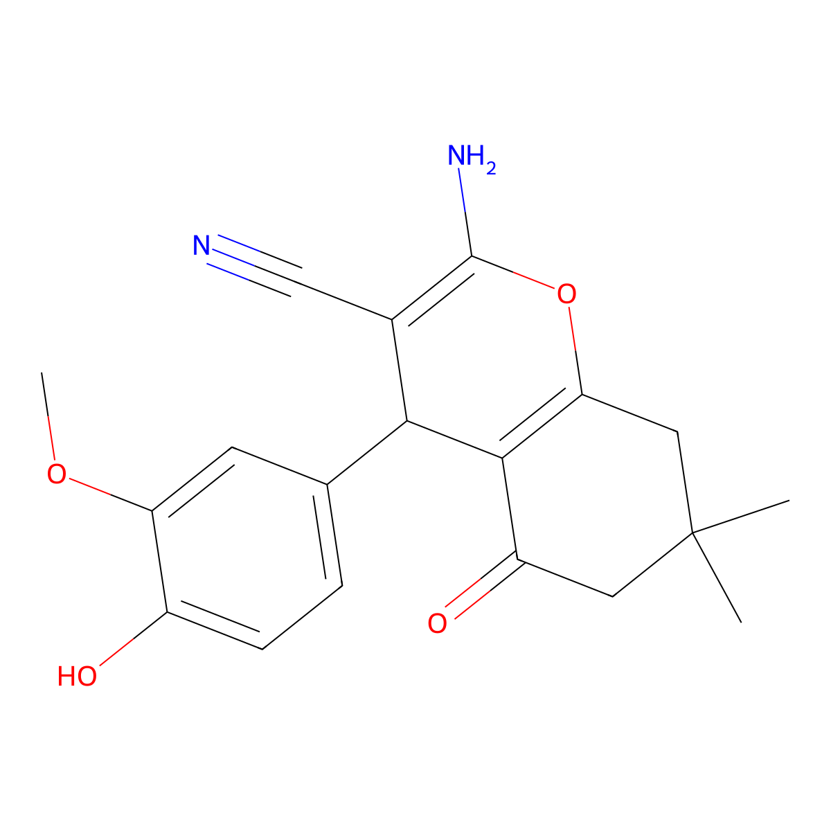 2-amino-4-(4-hydroxy-3-methoxyphenyl)-7,7-dimethyl-5-oxo-5,6,7,8-tetrahydro-4H-chromene-3-carbonitrile molecular structure, CAS 242480-90-6