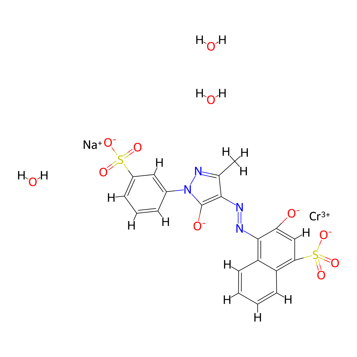 Chromate(1-), triaqua[4-[[4,5-dihydro-3-methyl-5-(oxo-kappaO)-1-(3-sulfophenyl)-1H-pyrazol-4-yl]azo-kappaN1]-3-(hydroxy-kappaO)-1-naphthalenesulfonato(4-)]-, sodium (1:1) molecular structure, CAS 24256-56-2