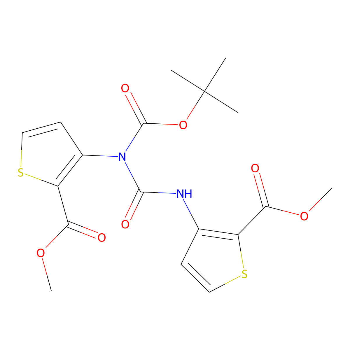 Methyl 3-(1-(tert-butoxycarbonyl)-3-(2-(methoxycarbonyl)thiophen-3-YL)ureido)thiophene-2-carboxylate molecular structure, CAS 2426639-78-1
