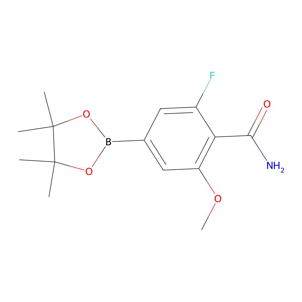 2-Fluoro-6-methoxy-4-(4,4,5,5-tetramethyl-1,3,2-dioxaborolan-2-yl)benzamide molecular structure, CAS 2426679-71-0