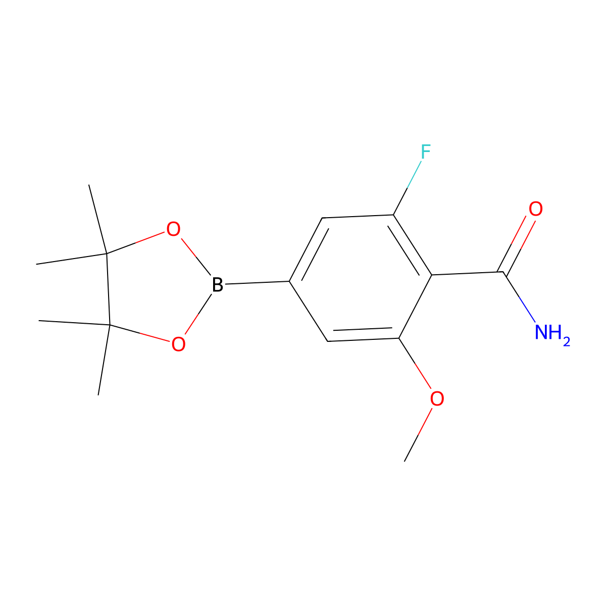 2-Fluoro-6-methoxy-4-(4,4,5,5-tetramethyl-1,3,2-dioxaborolan-2-yl)benzamide molecular structure, CAS 2426679-71-0