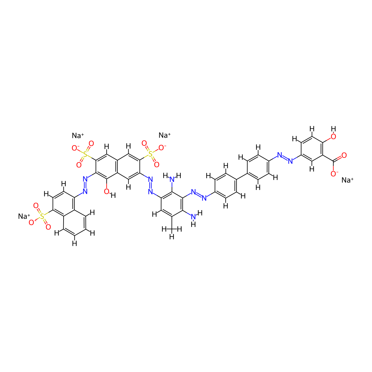 Benzoic acid, 5-(2-(4'-(2-(2,6-diamino-3-(2-(8-hydroxy-3,6-disulfo-7-(2-(4-sulfo-1-naphthalenyl)diazenyl)-2-naphthalenyl)diazenyl)-5-methylphenyl)diazenyl)(1,1'-biphenyl)-4-yl)diazenyl)-2-hydroxy-, sodium salt (1:4) molecular structure, CAS 2429-81-4