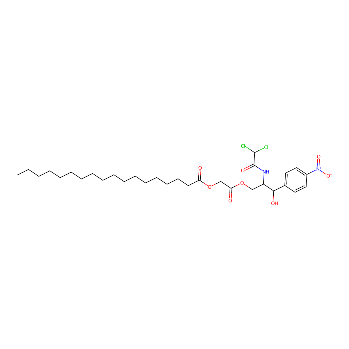 Octadecanoic acid, 2-((2R,3R)-2-((dichloroacetyl)amino)-3-hydroxy-3-(4-nitrophenyl)propoxy)-2-oxoethyl ester molecular structure, CAS 24292-47-5