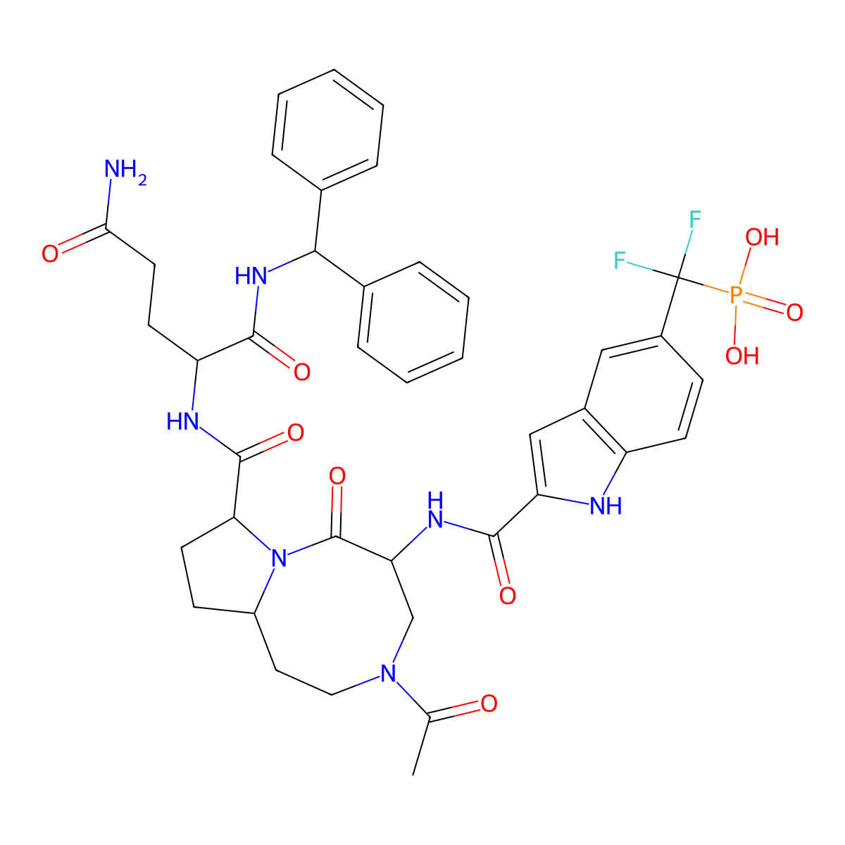 ((2-(((5S,8S,10aR)-3-acetyl-8-(((S)-5-amino-1-(benzhydrylamino)-1,5-dioxopentan-2-yl)carbamoyl)-6-oxodecahydropyrrolo[1,2-a][1,5]diazocin-5-yl)carbamoyl)-1H-indol-5-yl)difluoromethyl)phosphonic acid molecular structure, CAS 2429877-30-3