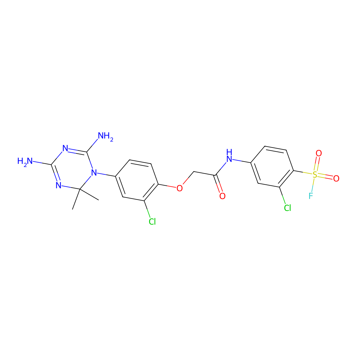 2-Chloro-4-[[2-[2-chloro-4-(4,6-diamino-2,2-dimethyl-1,3,5-triazin-1-yl)phenoxy]acetyl]amino]benzenesulfonyl fluoride molecular structure, CAS 243140-33-2