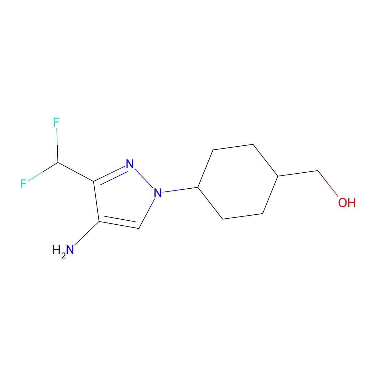 Cyclohexanemethanol, 4-[4-amino-3-(difluoromethyl)-1H-pyrazol-1-yl]-, trans- molecular structure, CAS 2434841-21-9