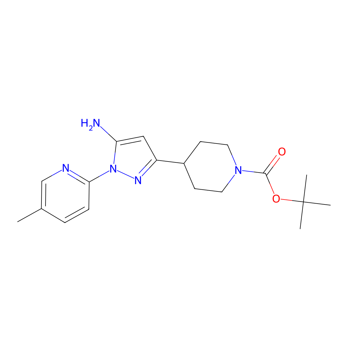 tert-Butyl 4-(5-amino-1-(5-methylpyridin-2-yl)-1H-pyrazol-3-yl)piperidine-1-carboxylate molecular structure, CAS 2434843-50-0