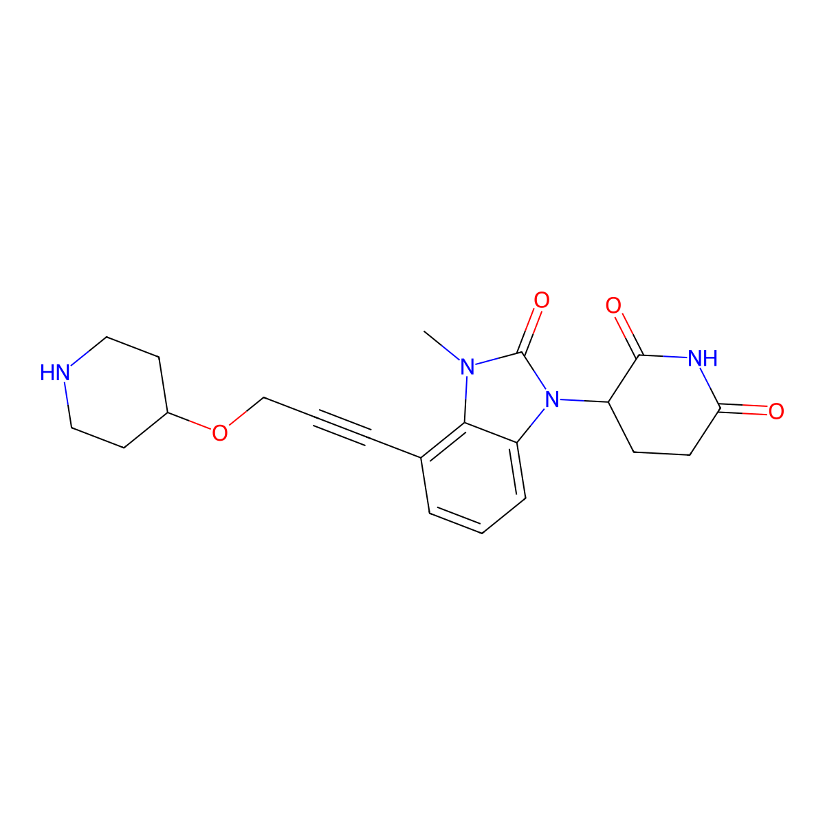 3-(3-methyl-2-oxo-4-(3-(piperidin-4-yloxy)prop-1-yn-1-yl)-2,3-dihydro-1H-benzo[d]imidazol-1-yl)piperidine-2,6-dione molecular structure, CAS 2434846-91-8
