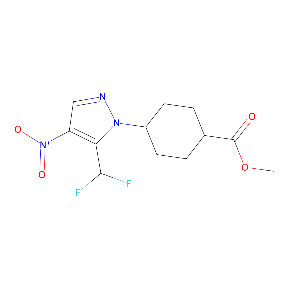 Methyl trans-4-[5-(difluoromethyl)-4-nitro-pyrazol-1-yl]cyclohexanecarboxylate molecular structure, CAS 2434852-20-5
